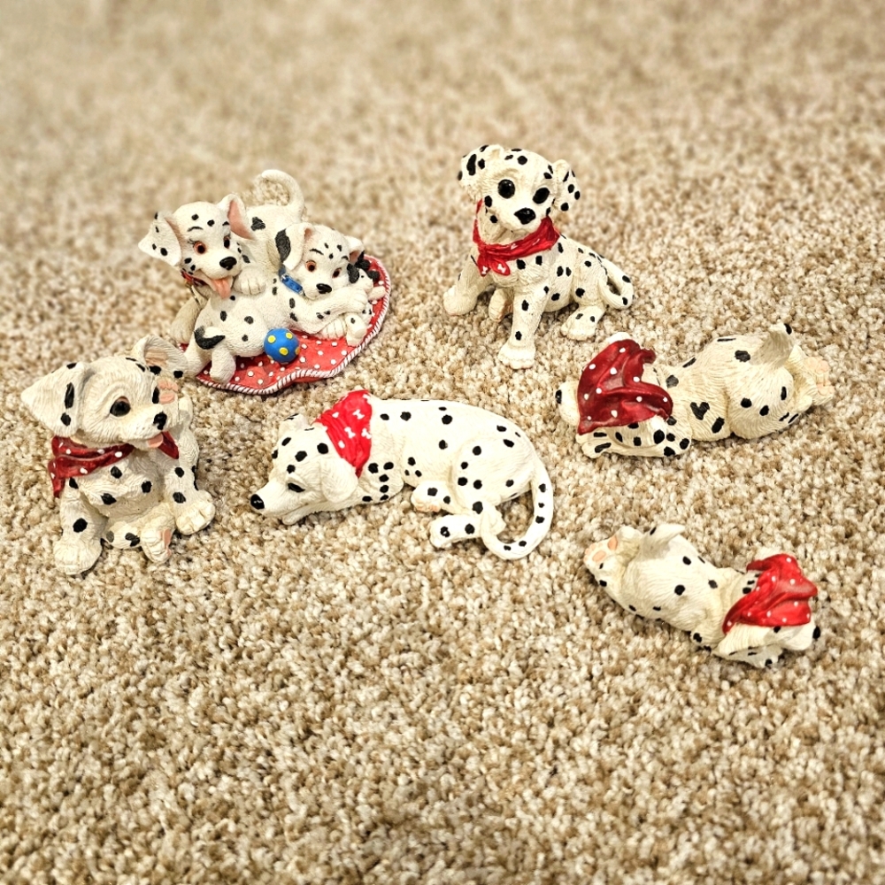 Dalmatian Dog Figurine Set with Red Accents